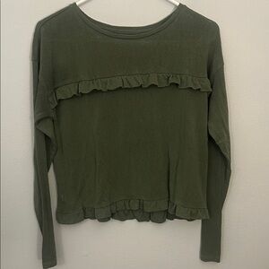 LOFT Forest Green Ruffle Long Sleeve Top